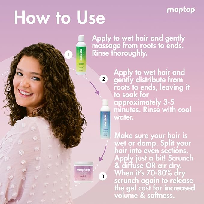 MopTop Curly Hair Routine, Gentle Shampoo + Daily Conditioner + Styling Gel for Wavy and Coily Tresses, Color Safe, Moisturizing Women's Hair Care