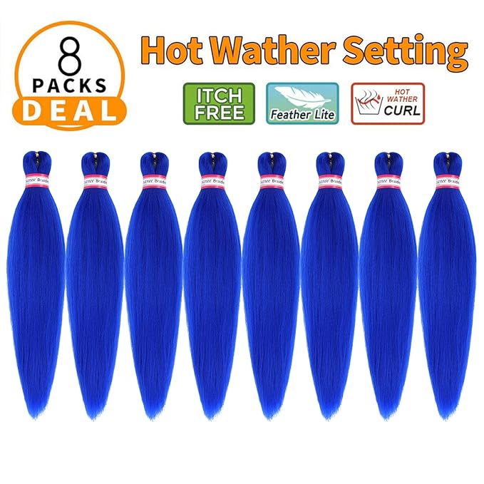 Blue Braiding Hair Pre Stretched 20 Inch 8 Packs Braiding Hair Extensions for Crochet Box Braids Twists Locs Hair Itch Free Soft Yaki Texture Hot Water Setting (20inch,#Blue)