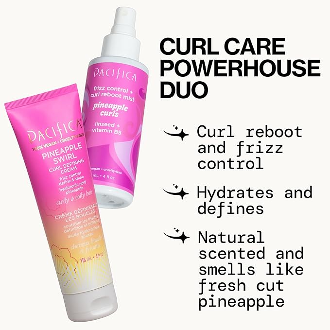 Pacifica Pineapple Swirl Curl Defining Cream – Curl Cream for Curly Hair, Curly Hair Products with Coconut Oil and Hyaluronic Acid, Styling for Bouncy Waves Without Crunch - 4 Oz | for Curly Hair, 4 oz, Frizz Control, Curl Enhancer, Styling Cream