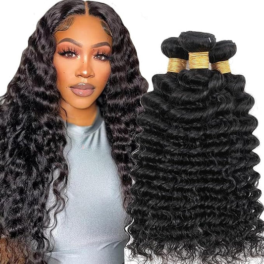 Human Hair Bundles Brazilian Deep Wave Bundles 14 16 18inch 12A 100% Unprocessed Virgin Human Hair Deep Wave Quick Weave Raw 3 Bundles Deals Natural Black