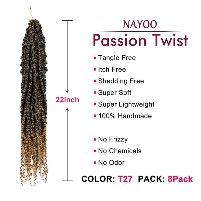 Passion Twist Hair - 8 Packs 22 Inch Passion Twist Crochet Hair For Women, Crochet Pretwisted Curly Hair Passion Twists Synthetic Braiding Hair Extensions (22 Inch 8 Packs, T27)