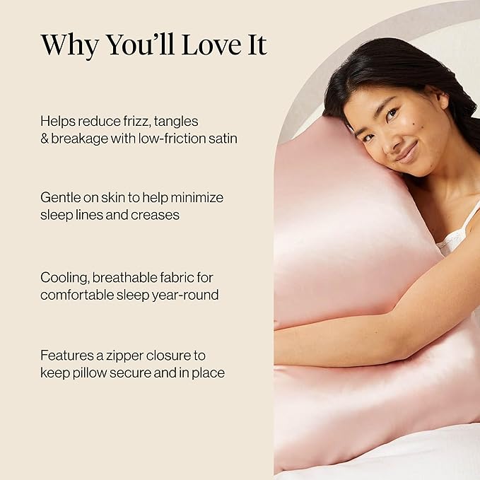 Kitsch Satin Pillowcase with Zipper for Hair & Skin, Softer Than Silk Pillow Cases Queen, Wrinkle-Free, Smooth and Cooling Satin Pillow Covers, Standard Size 19"x26" - Blush, 2pcs