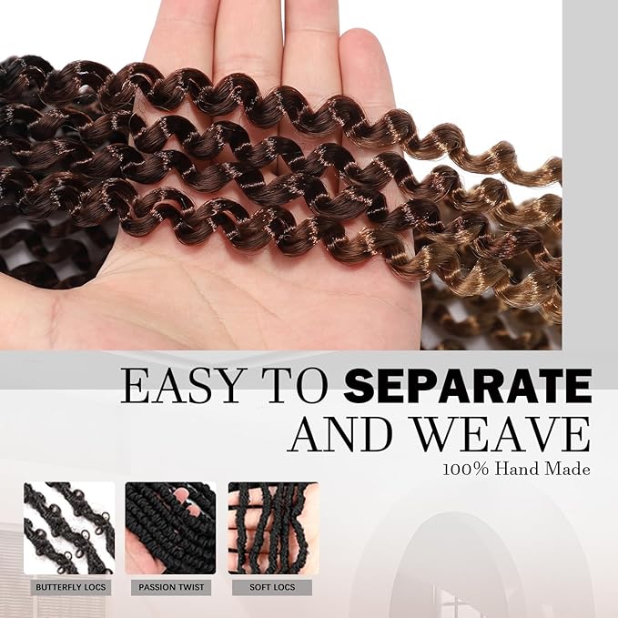 Passion Twist Hair 12 Inch 8 Packs Water Wave Crochet Hair Bohemian Braiding Hair for Boho Locs Pre Looped Crochet Braids Hair for Black Women （1B/30/27#）