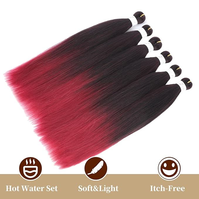 Pre-stretched Braiding Hair Extension Ombre Black to Burgundy Professional Crochet Braiding Hair 6 Packs 24 Inch Hot Water Setting Synthetic Fiber Crochet Twist Braids(24Inch,1B/900#)