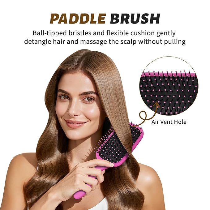 4Pcs Detangling Brush Set for Women - Paddle Brush for Wet or Dry Straight, Long, Thick, Curly, Natural Hair, No More Tangles (Pink)