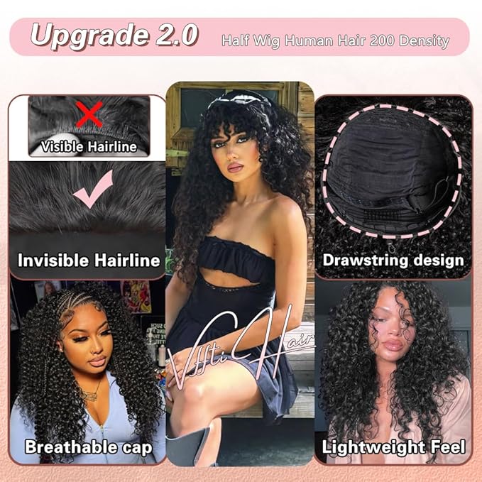 Curly Half Wig Human Hair Water Wave 200% Density Wear Go Glueless Wigs Human Hair Wet and Wavy 3 In 1 Curly Half Wigs for Women 24 Inch Drawstring Seamless Flip Over Wig Beginner Friendly