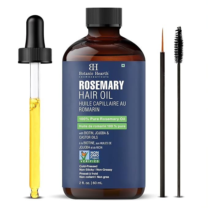 Botanic Hearth 100% Pure Rosemary Oil For Hair Growth Infused With Biotin | Hair Strenghtening Treatment | Nourishing & Volumizing | With Jojoba Oil & Castor Oil | Non GMO Verified | 2 fl oz, Blue
