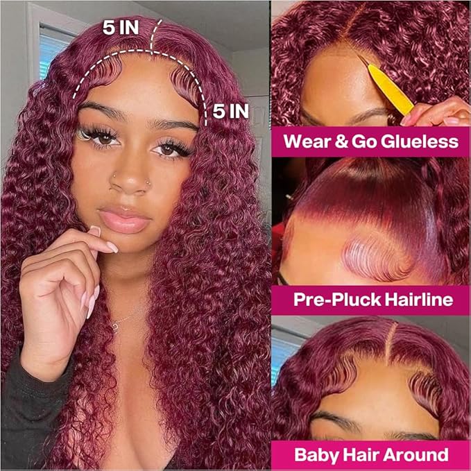 Curly Bob Wig Human Hair Deep Wave 200% Density 5x5 HD Lace Closure Wigs Human Hair Bob Wigs For Black Women Wear And Go Glueless Curly Wig Burgundy Color 18 Inch