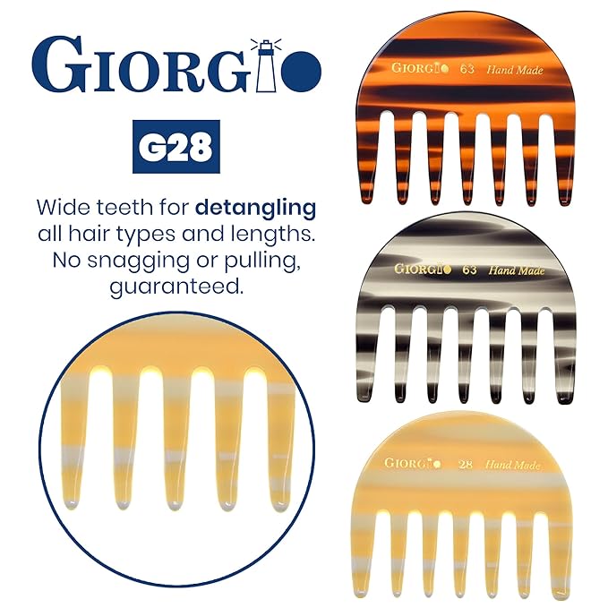Giorgio G28 Detangling Comb, Pocket and Travel Hair Detangler for Thick Hair - Wide Tooth, Handmade, Saw-Cut, and Polished for Wet and Dry Everyday Care
