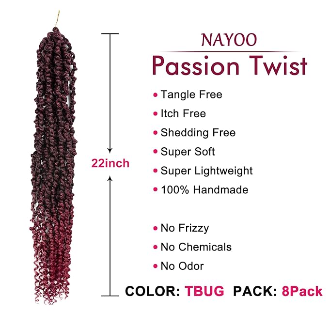 Passion Twist Hair - 8 Packs 22 Inch Passion Twist Crochet Hair For Women, Crochet Pretwisted Curly Hair Passion Twists Synthetic Braiding Hair Extensions (22 Inch 8 Packs, TBUG)