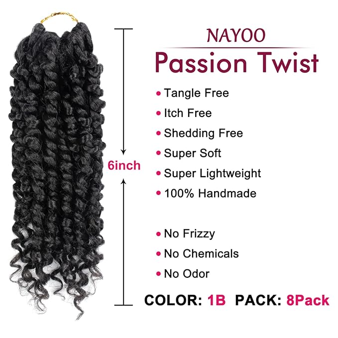 Passion Twist Hair - 8 Packs 6 Inch Passion Twist Crochet Hair For Black Women, Crochet Pretwisted Curly Hair Passion Twists Synthetic Braiding Hair Extensions(6 Inch 8 Packs, 1B)