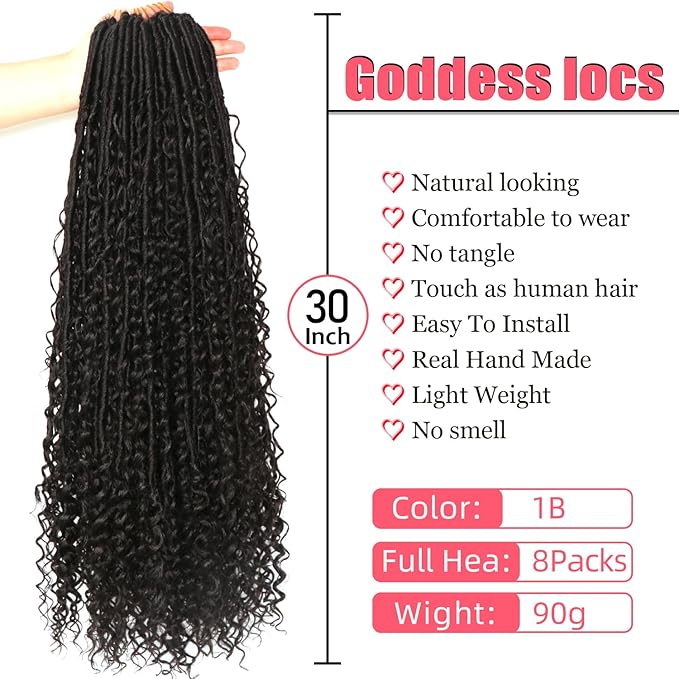 Goddess Locs Crochet Hair-30 Inch 8 Packs Boho Faux Locs Crochet Hair for Black Women Pre Looped Soft Locs with Curly Ends (1B#, 30 Inch(Pack of 8))