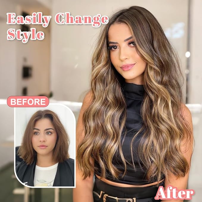 ALXNAN Clip in Long Wavy Hair Extension 20 Inch Chocolate Brown to Honey Blonde Hair Extensions 4PCS Thick Hairpieces Fiber Double Weft Hair for Women