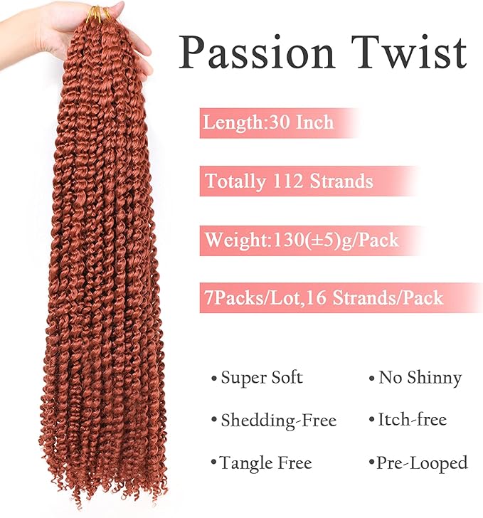 Leeven 7 Packs Copper Red Passion Twist Hair 30 Inch Water Wave Crochet Braids Hair for Distressed Butterfly Locs 350# Synthetic Hot Water Setting Passion Twists Hair Extensions