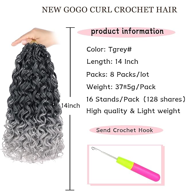 14 Inch Gogo Curl Crochet Hair Ocean Wave Crochet Hair Deep Twist Pre-looped 8 Packs Goddess Box Braids Short Curly Water Wave Synthetic Braiding Hair for Women (16Strands/pack Tgrey#)
