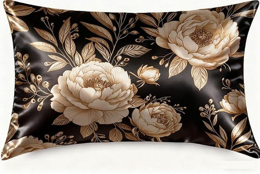 Vintage Peonies Roses Silk Pillow Case for Hair and Skin Beige Gold Standard Size Silk Pillow Case with Zipper Super Soft Pillow Covers for Women Bed Sleeping, 20x26 Inches