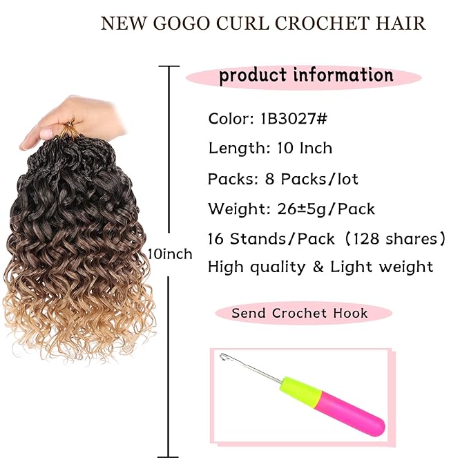 XTREND 10 Inch Gogo Curl Crochet Hair, 8 Packs, Pre-looped Deep Wave, Natural Water Wave, Curly Beach Curl, Box Braids, Braiding Hair Extensions for Women (16Strands/pack 1B3027#)