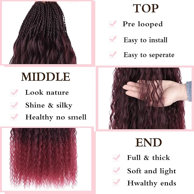 Xtrend Pre looped Brazilian Braids Afro Curly Crochet Braiding Hair Yaki Kinky Micro Curly Water Wave Crochet Hair 24 Inch 8 Packs Synthetic Deep Wave Mini Boho Braids For Women(30Strands/Pack，TBUG#)