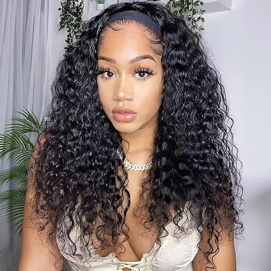 Deep Wave Headband Wig Human Hair for Black Women None Lace Front Wigs Curly Human Hair Headband Wig Glueless Wear and Go Water Wave Headband Wigs 22 Inch