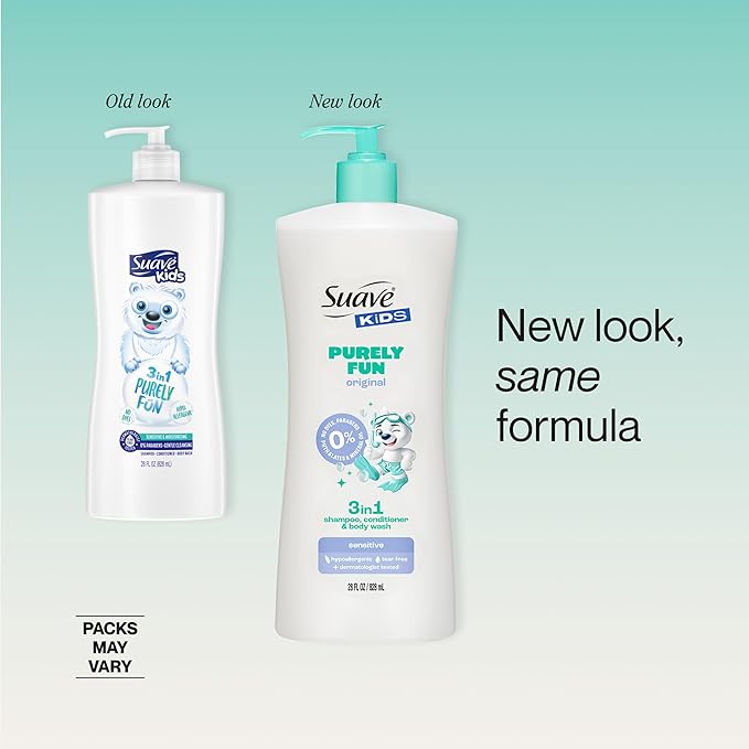 Suave Kids Purely Fun 3 in 1 Shampoo, Conditioner & Body Wash, Original Clean Scent, Hypoallergenic, Tear-Free Formula, Dermatologist Tested, 4 Count, 28 FL OZ