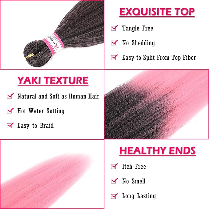 Dorsanee Ombre Pink Braiding Hair Pre Stretched 20 Inch 8 Packs Braiding Hair Extensions for Crochet Box Braids Twists Locs Hair Itch Free Soft Yaki Texture Hot Water Setting (20inch,#1B/Pink)