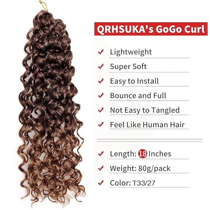 QRHSUKA Curly Crochet Hair GoGo Curl Crochet hair for Women Deep Wave Braiding hair,Synthetic Bohemian Crochet Braid Water Wave Crochet hair Extensions (18 inch(Pack of 6), T33/27)