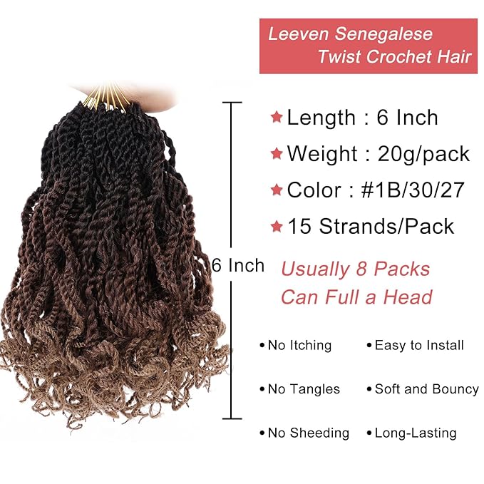 Leeven 6 Inch Short Senegalese Twist Crochet Hair with Curly Ends 8 Packs Ombre Brown to Blonde Pre Looped Small Wavy Hanava Twist 3 Tone Synthetic Crochet Braids for Women Girl Kids