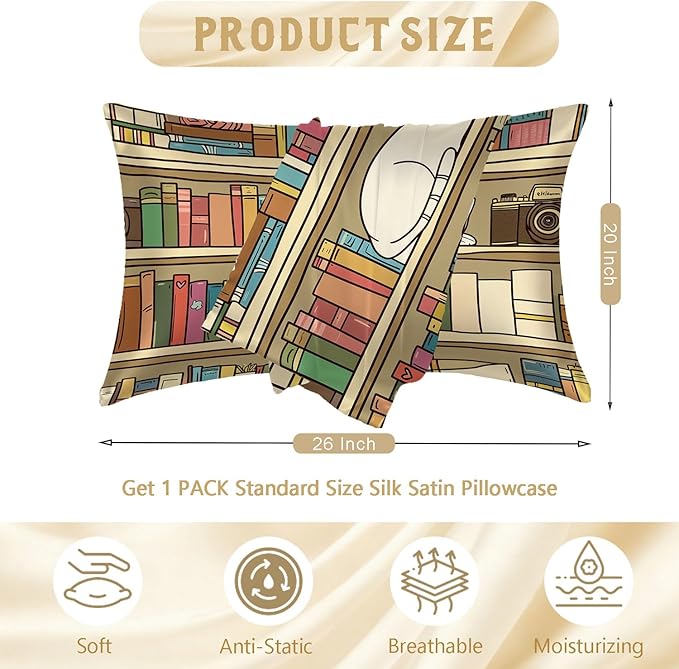 Silk Pillowcase for Hair and Skin Cartoon White Cat Bookshelf Satin Pillowcase Standard Size with Zipper Silky Soft Cooling Satin Pillowcase Sleeping for Women 20"x26"