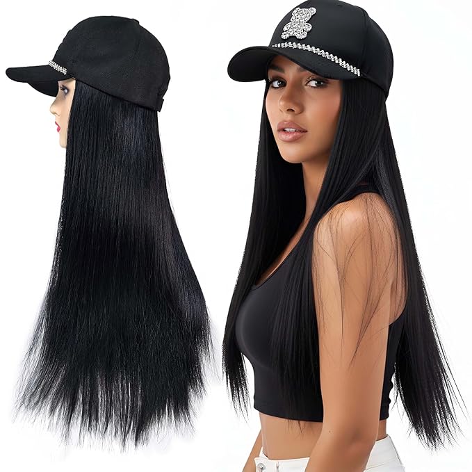 Hat with Hair 24-Inch Long Black Straight Wig, Cap with Synthetic Black Hair Extensions Hat Wigs for Women