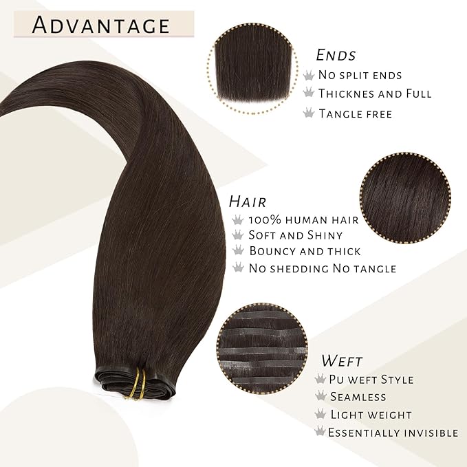 Caliee Clip in Human Hair Extensions - 16 Inch 110G 7Pcs Fluffy & Not Tangled Seamless Remy Hair - Color 2A Light Dark Brown PU Skin Weft Natural