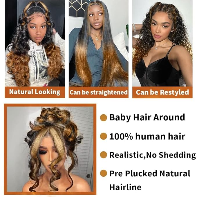 MEGOOD Ombre Lace Front Wig Human Hair 13X6 Honey Blonde Wig Human Hair For Women 220% Density HD Transparent Body Wave Highlight Honey Blonde Wig Glueless Wigs 20Inch