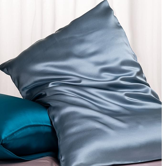 100% Mulberry Silk Pillowcase for Hair and Skin Made in USA, Real 22 Momme Silk Pillow Cases Queen, Not Satin Pillowcase, Anti Acne,Zipper Closure, 1 Pc 20"x30" (Queen, Blue Grey)