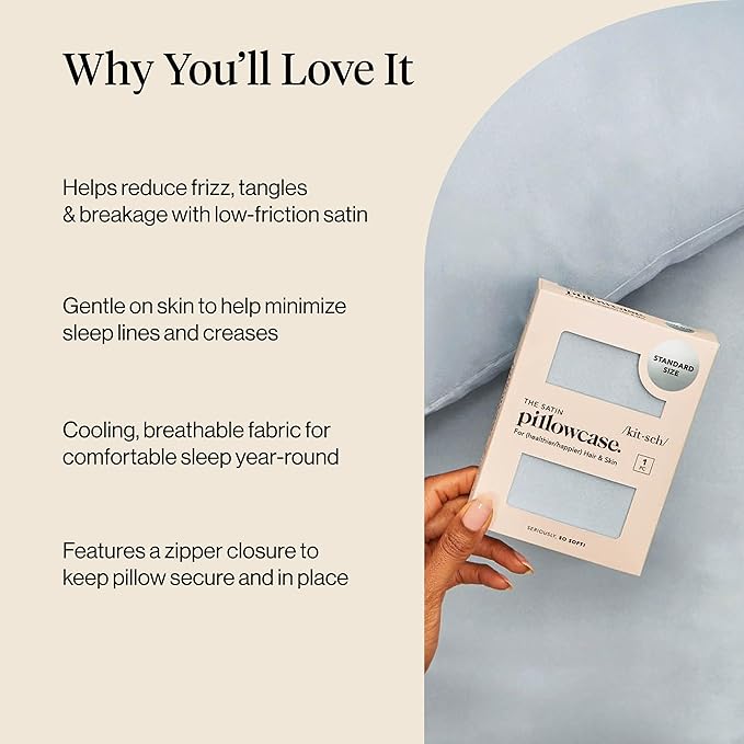 Kitsch Satin Pillowcase with Zipper for Hair & Skin, Softer Than Silk Pillow Cases Queen, Wrinkle-Free, Smooth and Cooling Satin Pillow Covers, Standard Size 19"x26", Haze Blue