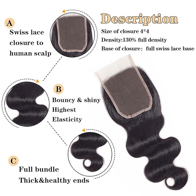 12A Body Wave Bundles with Closure Human Hair (16 18 20+14") 100% Unprocessed Brazilian Virgin Body Wave Human Hair Bundles with 4x4 Free Part Lace Closure Natural Color