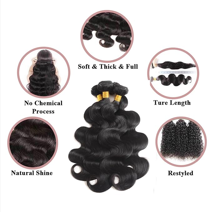 12A Human Hair Bundles 18 20 22 24 Inch Body Wave Bundles 100% Unprocessed Brazilian Virgin Hair 4 Bundles Human Hair Extensions Quick Weave Human Hair Natural Black