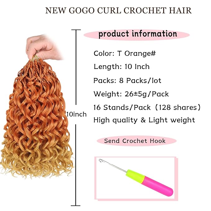 10 Inch Gogo Curl Crochet Hair 8 Packs Natural Black Ocean Wave Crochet Hair Deep Twist Pre-looped Goddess Box Braids Short Curly Water Wave Synthetic Braiding Hair for Women (16Strands/pack Torange#)