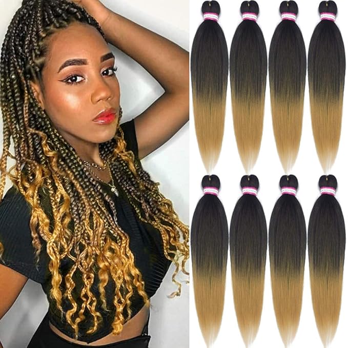 Pre-stretched Braiding Hair Extension Ombre Natural Black Brown Professional Crochet Braiding Hair 24 Inch 8 Packs Hot Water Setting Perm Yaki Synthetic Hair for Twist Braids (#1B/27)