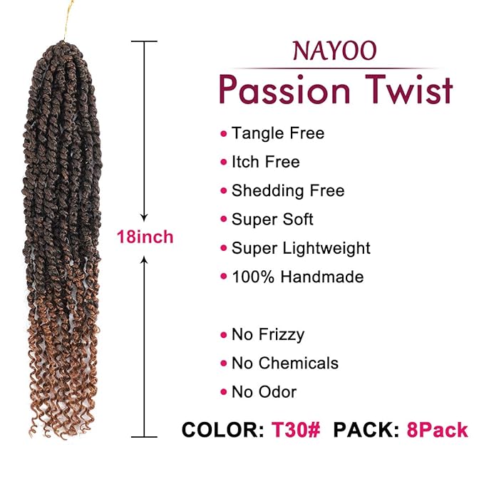Passion Twist Hair - 8 Packs 18 Inch Passion Twist Crochet Hair For Women, Crochet Pretwisted Curly Hair Passion Twists Synthetic Braiding Hair Extensions (18 Inch 8 Packs, T30)