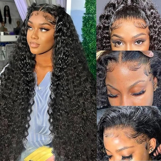 Deep Wave Lace Front Wigs Human Hair 200% Density 13x6 HD Transparent Frontal Wigs Human Hair for Women Deep Curly Glueless Wigs Human Hair Pre Plucked with Baby Hair Natural Black (36Inch)