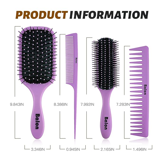 4Pcs Detangling Hair Brush Set for Women - Paddle Brush for Wet or Dry, No More Tangles for Straight, Long, Thick, Curly, and Natural Hair (Purple)