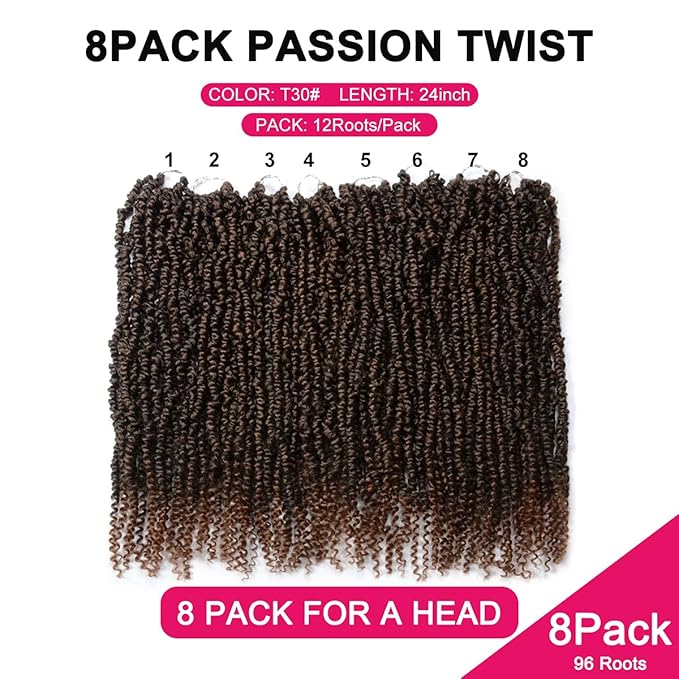 Passion Twist Hair - 8 Packs 24 Inch Passion Twist Crochet Hair For Black Women, Crochet Pretwisted Curly Hair Passion Twists Synthetic Braiding Hair Extensions(24 Inch 8 Packs, T30)