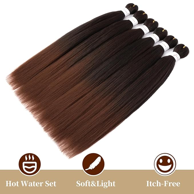 Ombre Braiding Hair,24 Inch Ombre Natural Black To Brown 6 Packs Hair Extensions Professional Synthetic Braid Hair Crochet Braids, Soft Yaki Texture, Hot Water Setting (24Inch,T1B/30#).