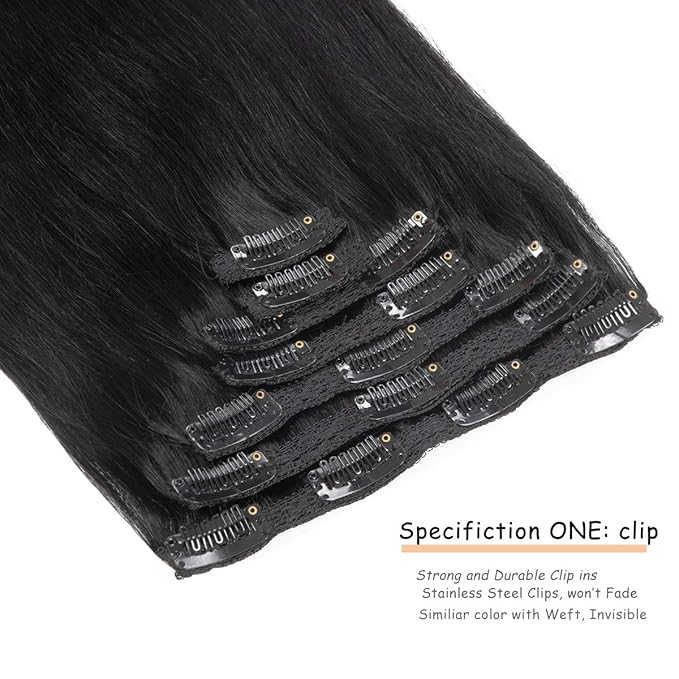 Caliee 16Inch Hair Extensions Clip in Human Hair Silky Straight Hair Invisible Double Weft for Women Full Head Seamless Hair Extensions Clip in 120G Color 1 Jet Black