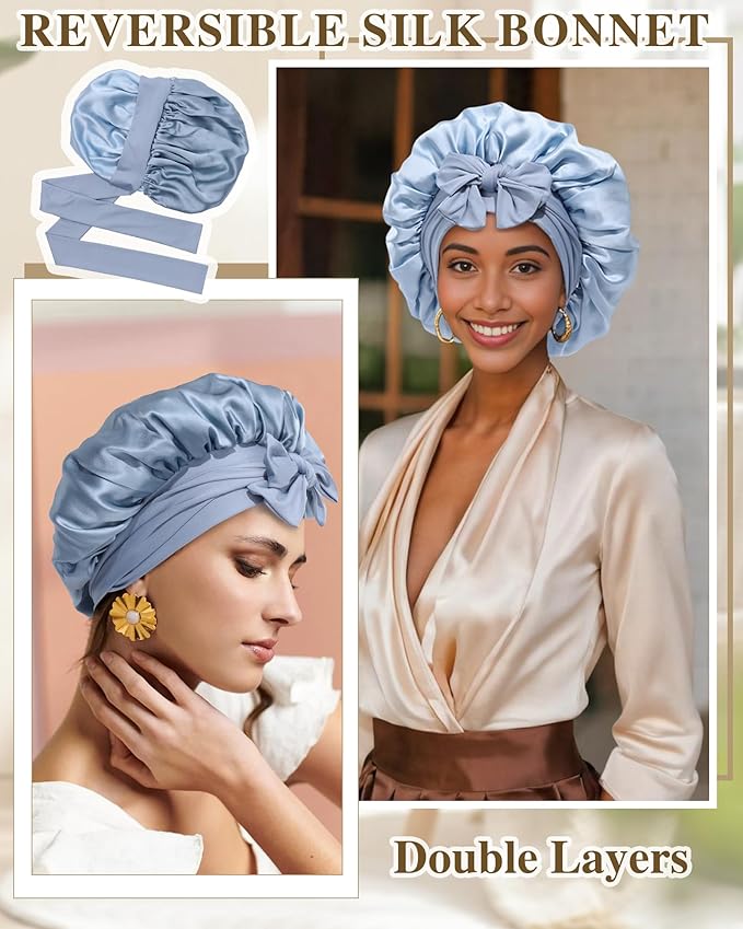 Silk Bonnet for Sleeping 100% Mulberry Women Double Layer Sleep Cap with Adjustable Elastic Band Silk Hair Wrap