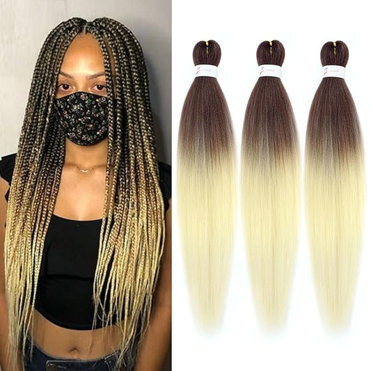 Dorsanee Chocolate Brown/Blonde Braiding Hair Pre Stretched 24 Inch 3 Packs Braiding Hair for Box Braids Twists Locs Hair Soft Yaki Texture Hot Water Setting (#Chocolate Brown/Blonde)