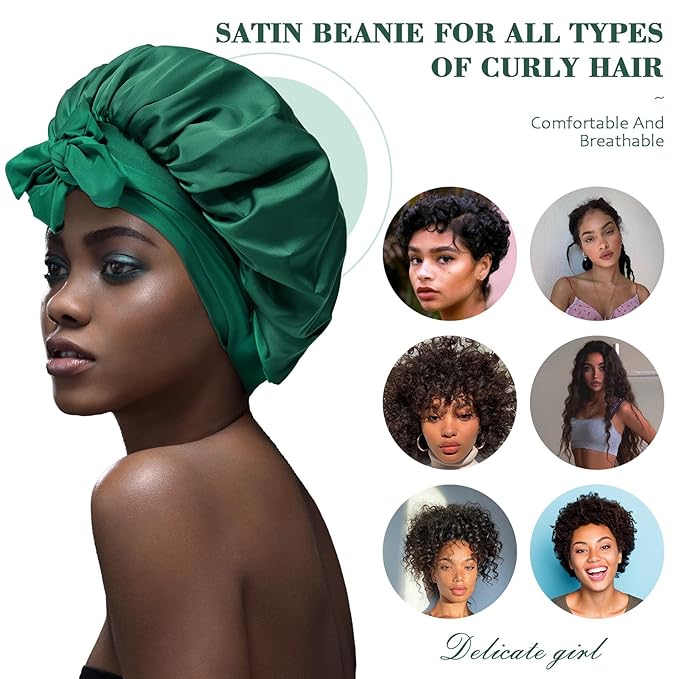 Satin Hair Bonnet with Wide Band Silk Sleeping Bonnets Hair Wrap for Women Girls Night Cap with Tie Band Satin Bonnet (Green)