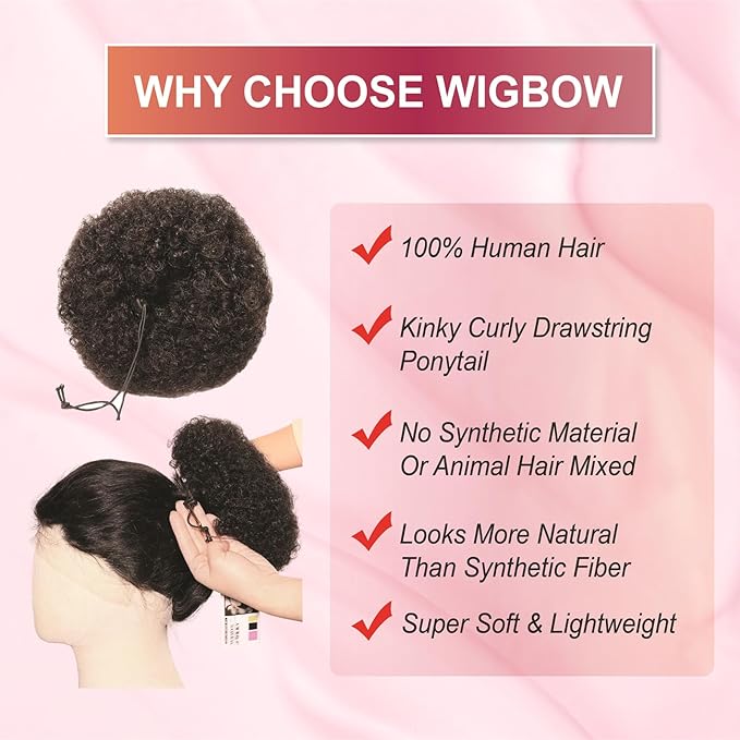 Afro Puff Ponytail Drawstring Wigs for Black Woman 6 Inch Natural Black 100% Human Hair Puff Ponytail Extension Clip On Kinky Drawstring Curly Ponytail Bun Durable Natural Soft and Smooth Hairpiece
