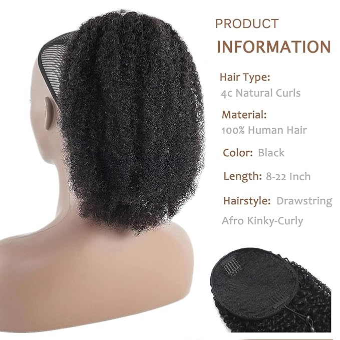 Afro Puff Drawstring Ponytail Human Hair Bun For Black Women 150% Density 10A Brazilian Virgin Human Hair Afro Kinky Curly Clip In Ponytail Extension Human Hair Pieces 130g Natural Color 18inch