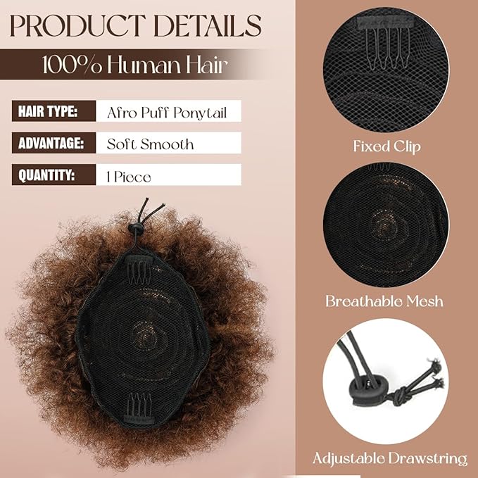 Human Hair Ponytail for Black Women #H4-30 Medium Brown mix Copper Red Brazilian Virgin Human Hair Clip in Hair Extensions for Black Women