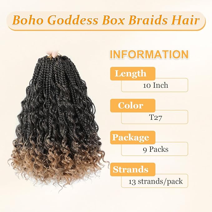 Goddess Box Braids Crochet Hair 10 Inch Boho Crochet Box Braid With Curly Ends, 9 Packs Bohomian Box Braids Crochet Hair For Black Women Pre Looped Box Braids Crochet Hair (10Inch 9 Packs,T27)